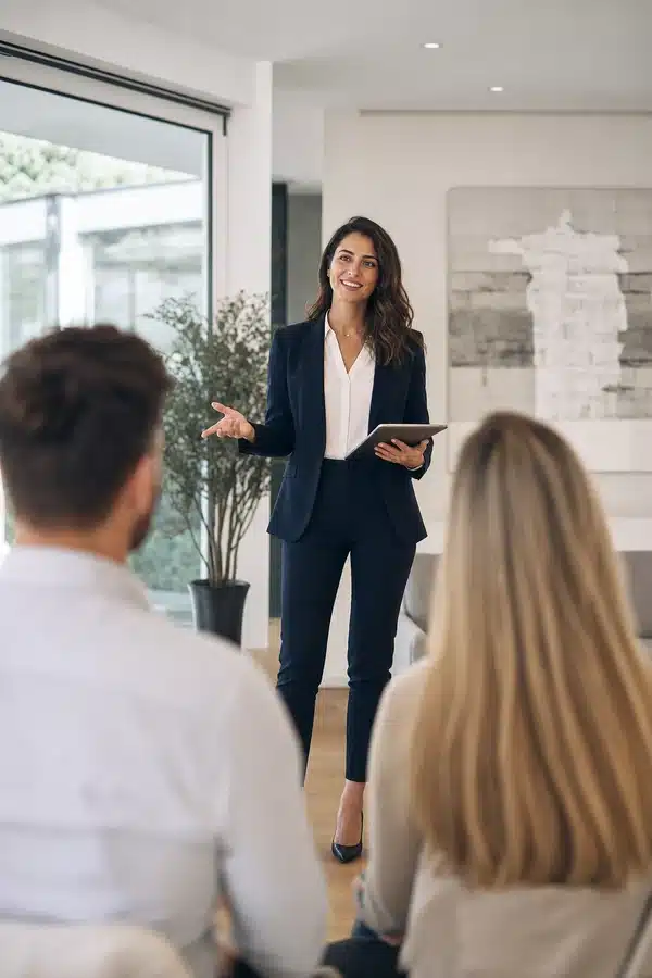 Agente immobiliare spiega i passaggi della compravendita a due clienti
