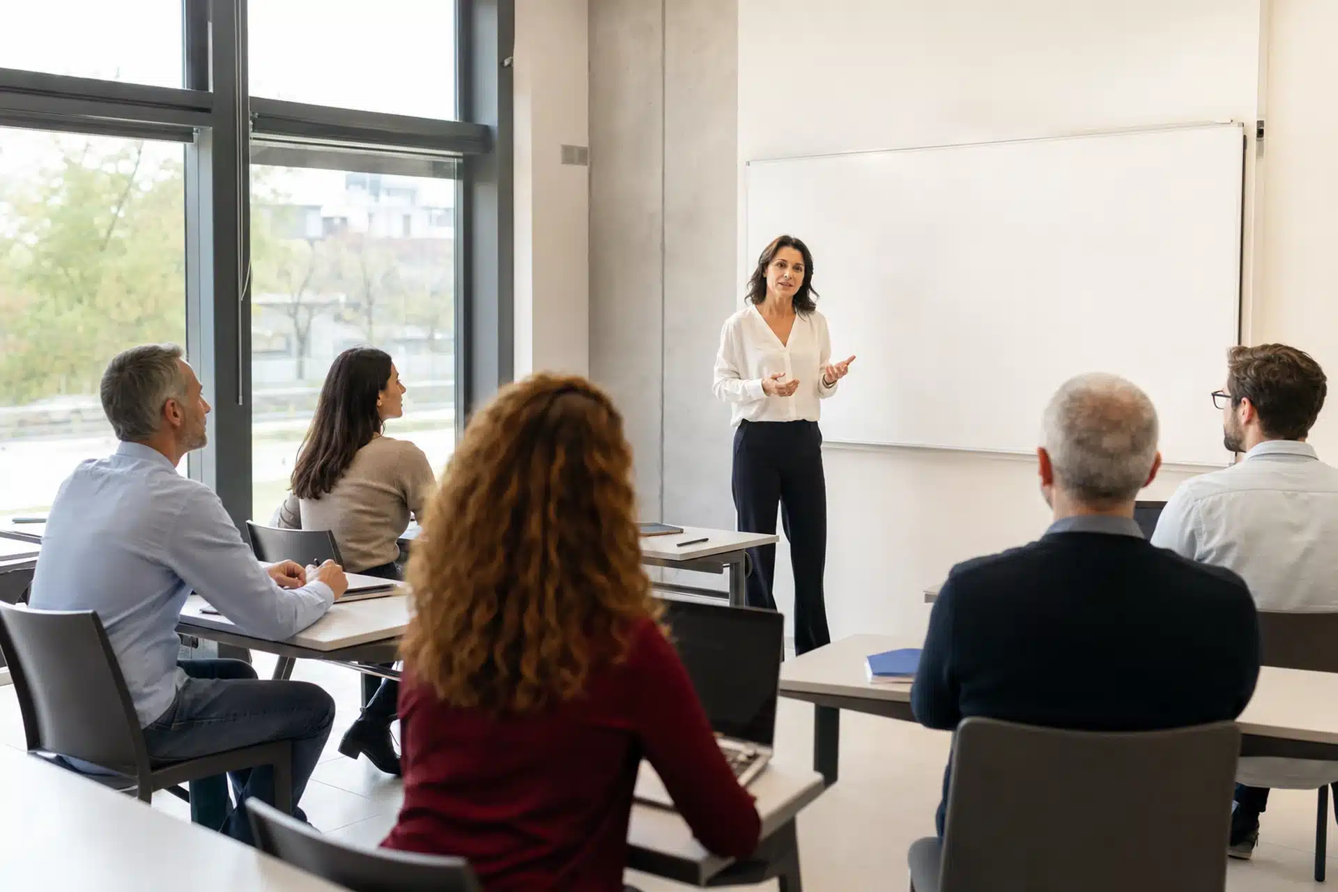 Aula di formazione professionale con agenti immobiliari e una docente