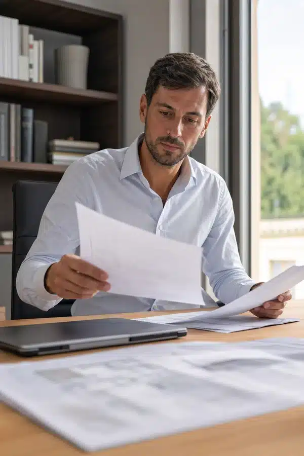 Agente immobiliare verifica documenti tecnici alla scrivania